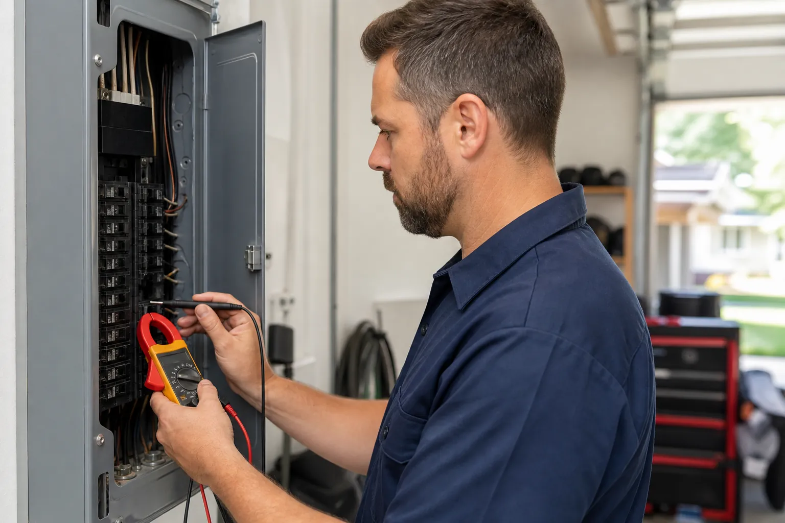 Electrician evaluating a residential electrical panel for generator planning
