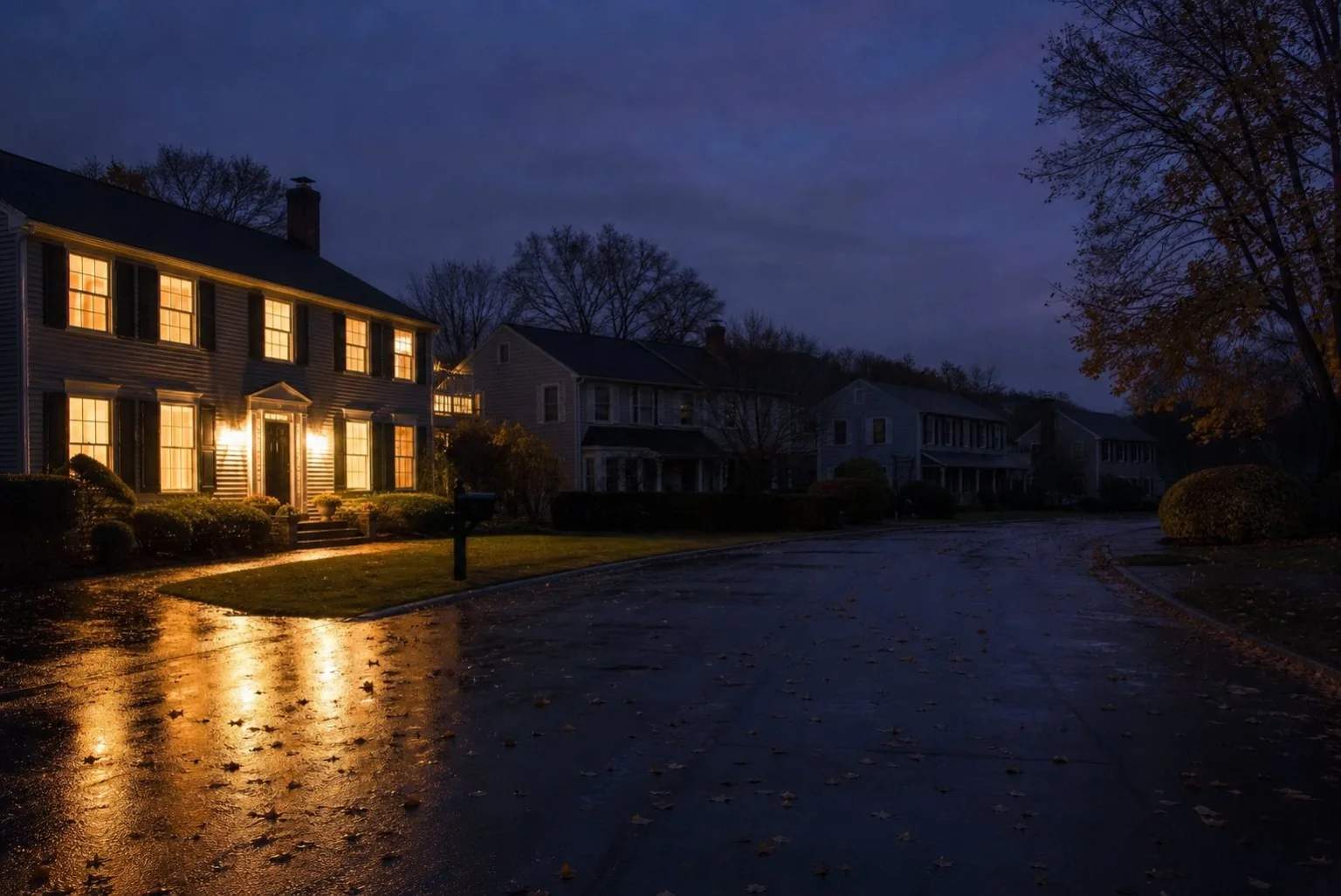 Illuminated home among dark neighboring houses on a rainy evening