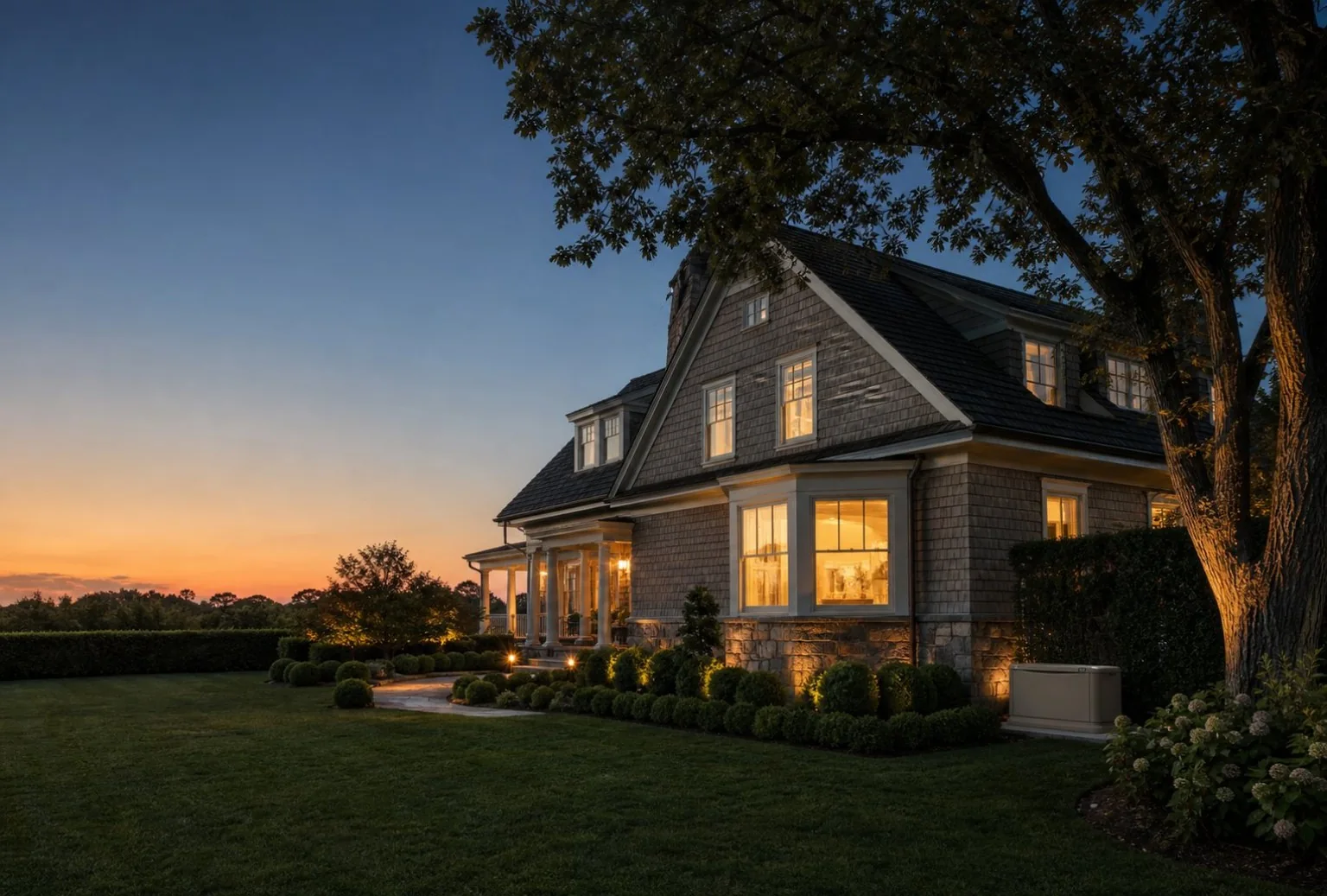 Warmly lit American home at dusk with a residential standby generator beside the house