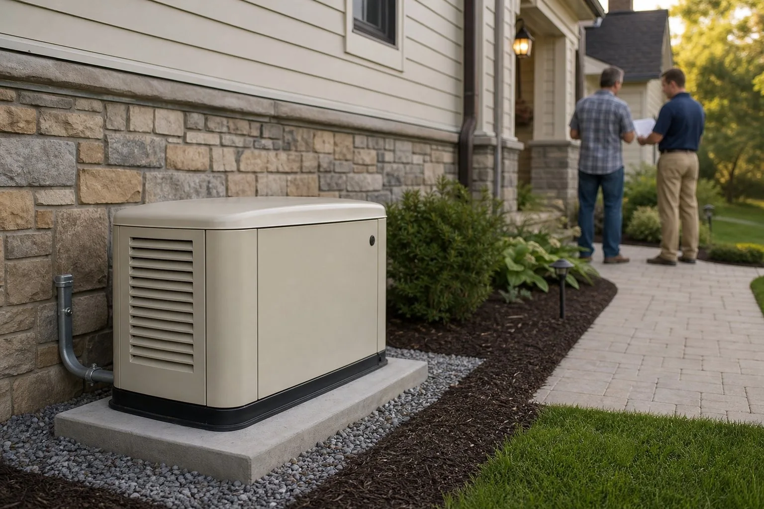 Outdoor residential standby generator on a prepared pad beside a home